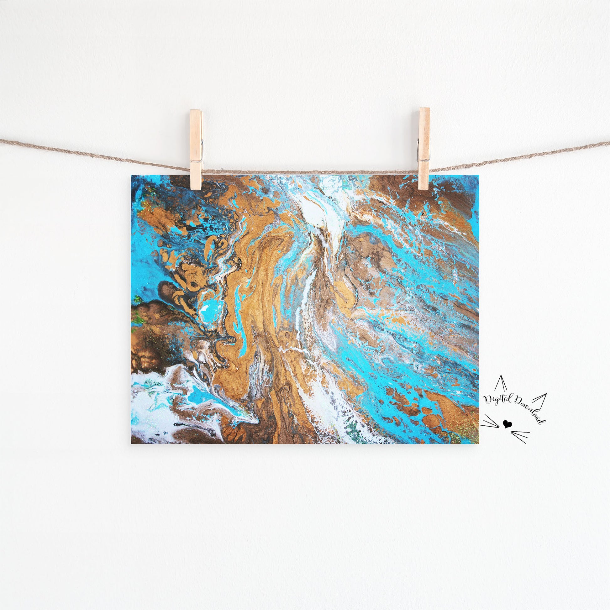 Abstract artwork in copper, turquoise blue, and white for digital download. 