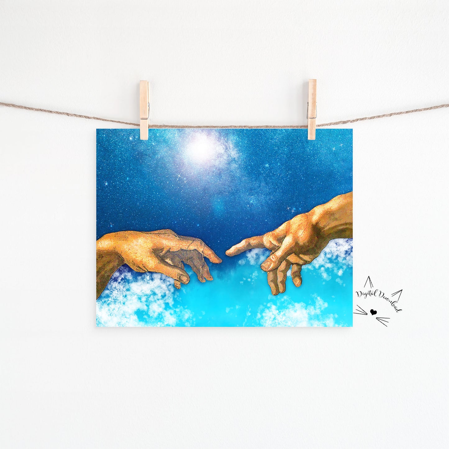 Image of hands reaching toward each other with blue background and stars for digital download.  