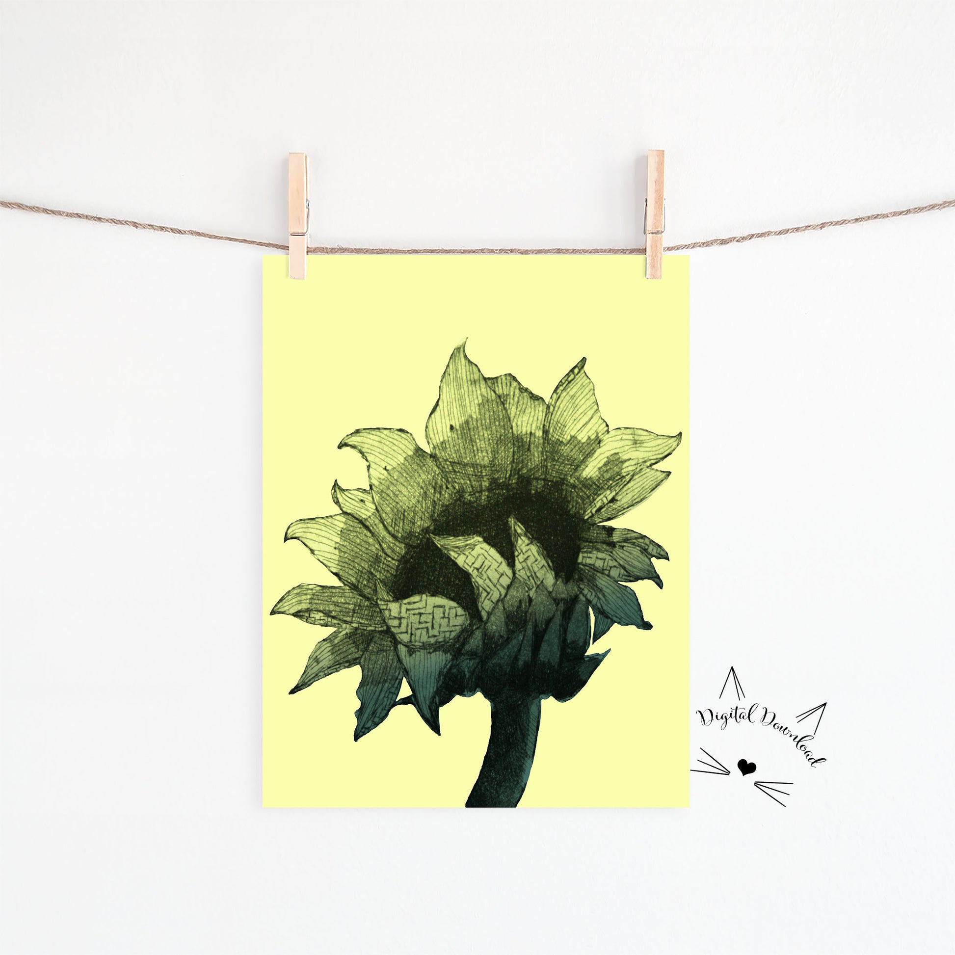 Large sunflower in black on bright yellow background available for digital download.  