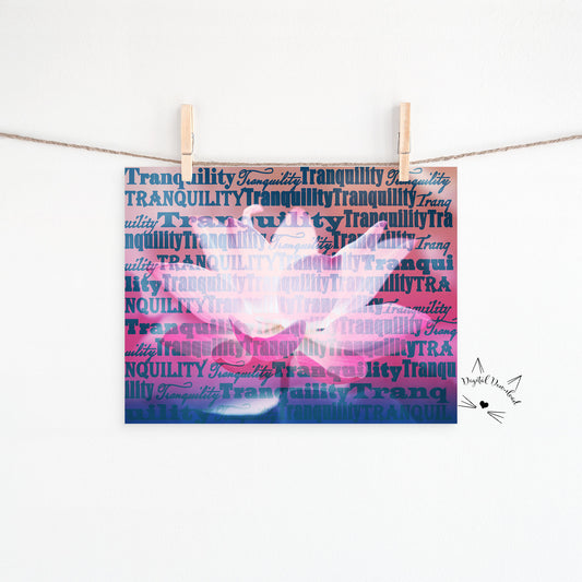 A pale lotus image with the word tranquility repeated over the image for digital download.  