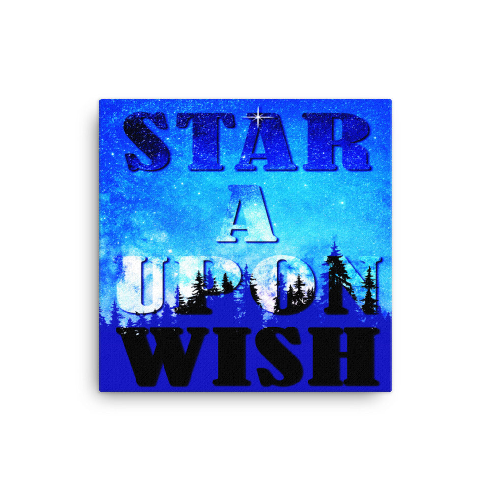 A forest with stars above with the words wish upon a star on a canvas.  