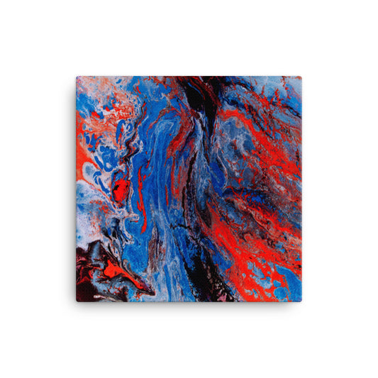 Abstract artwork in red, blue, and white on a canvas.  