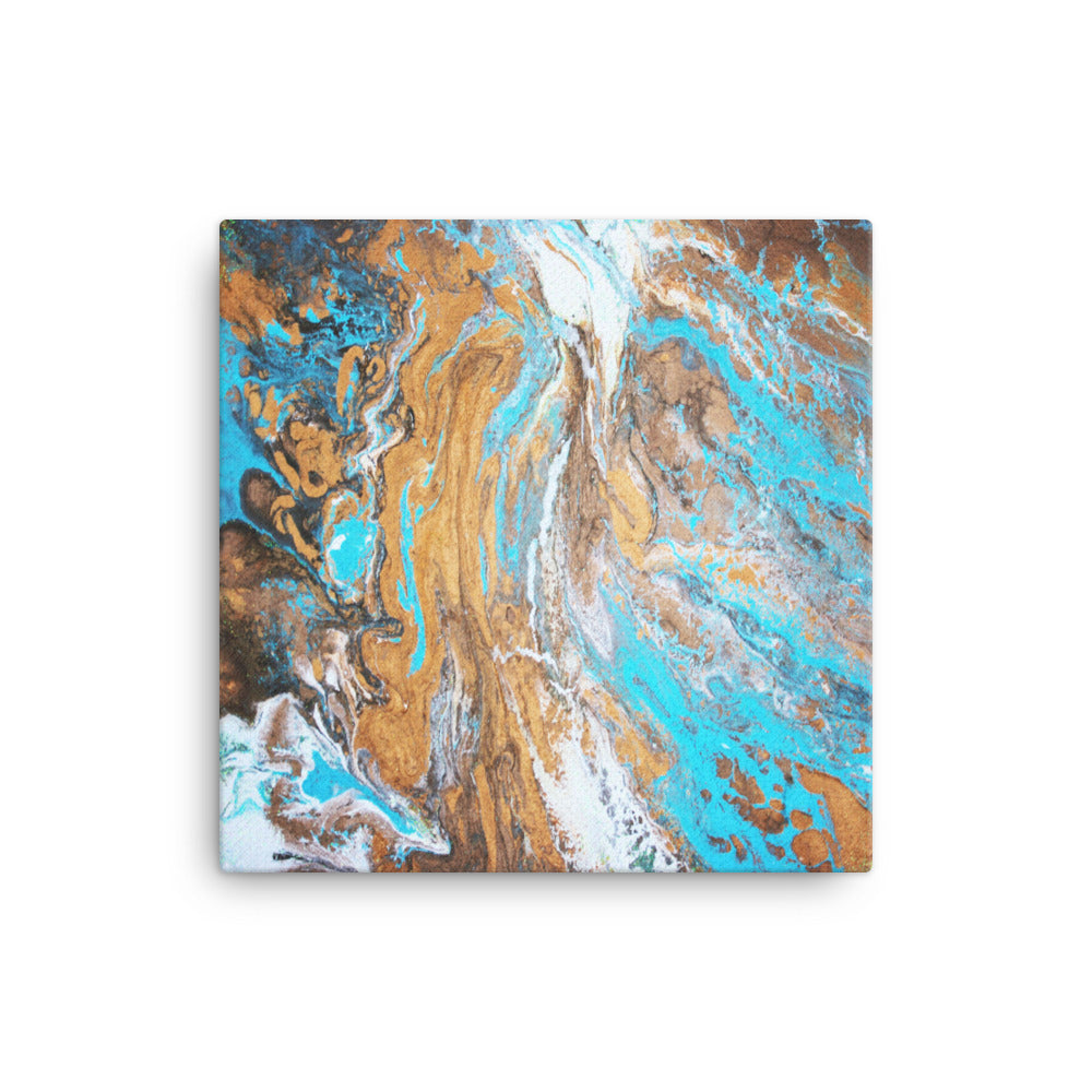 Abstract artwork in copper, turquoise blue, and white on a canvas. 
