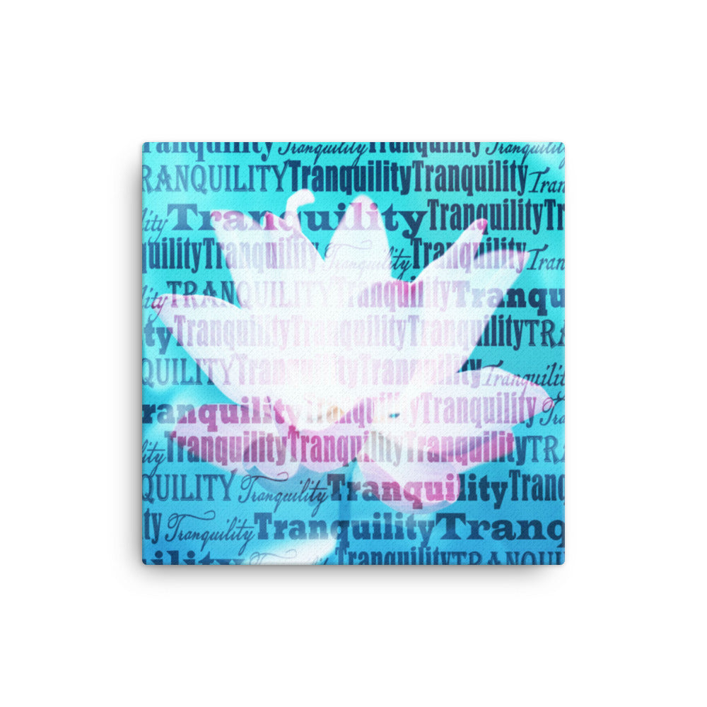 A pale lotus image with the word tranquility repeated in blue on a canvas.  