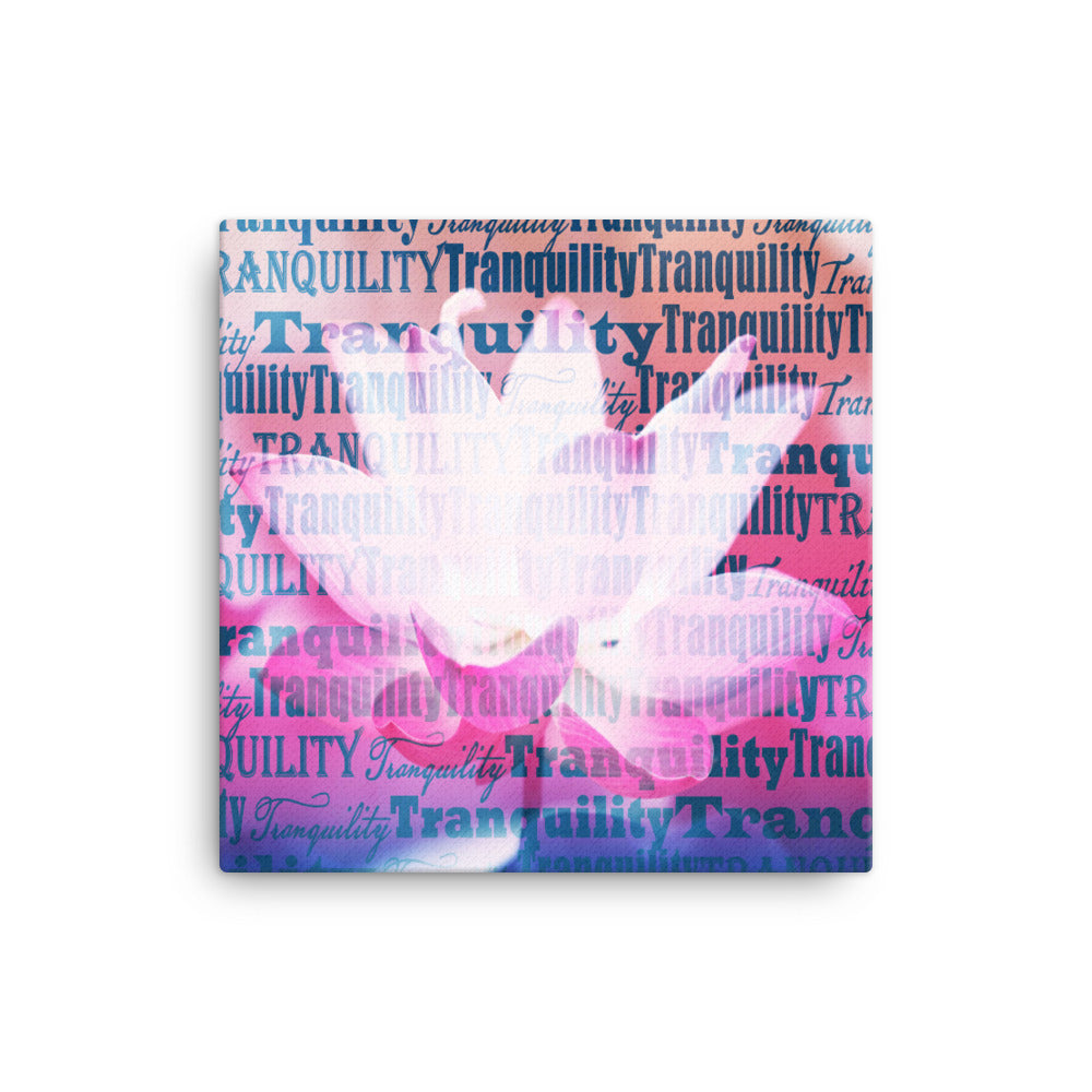 A pale lotus image with the word tranquility repeated in a gradient from peach to pink to dark blue on a canvas.  