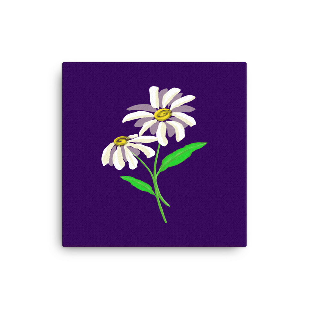 Artwork of daisy with deep purple colored background on a canvas.  