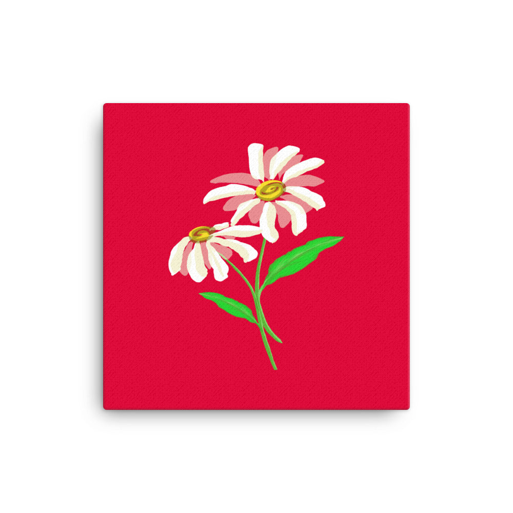 Artwork of daisy with a red colored background on a canvas.  