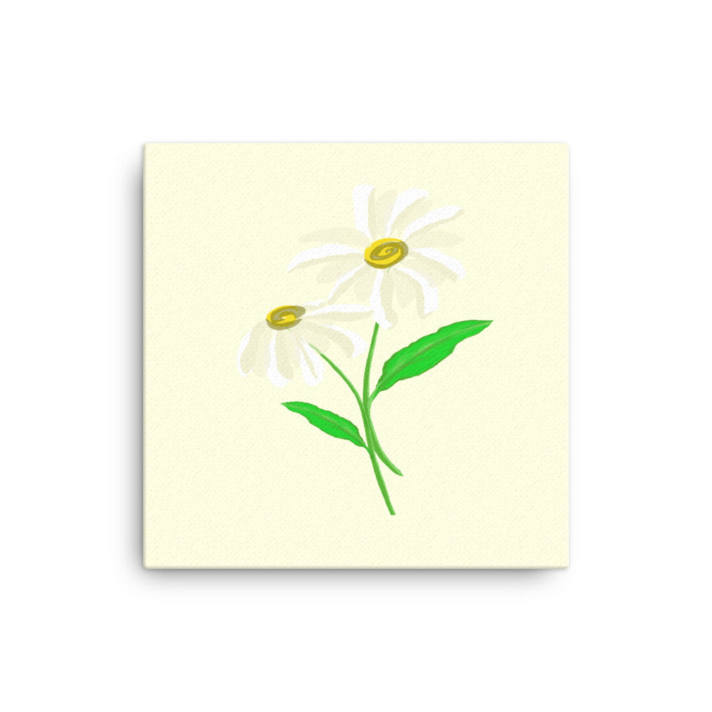 Artwork of daisy with yellow colored background on a canvas.  