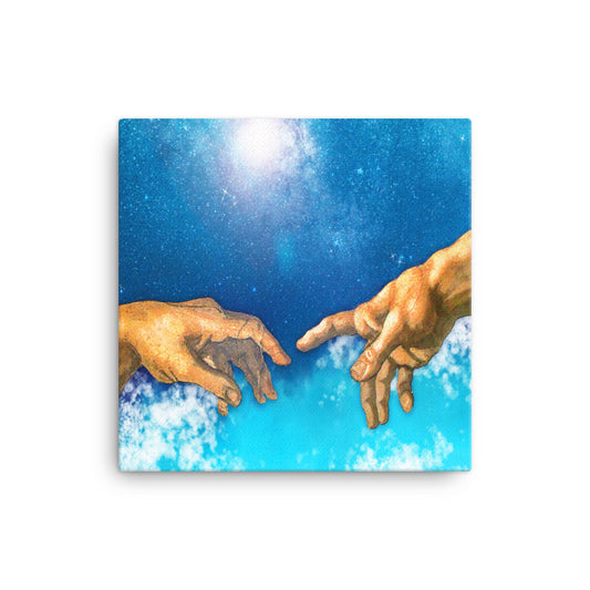 Image of hands reaching toward each other with blue background and stars on a white canvas.  