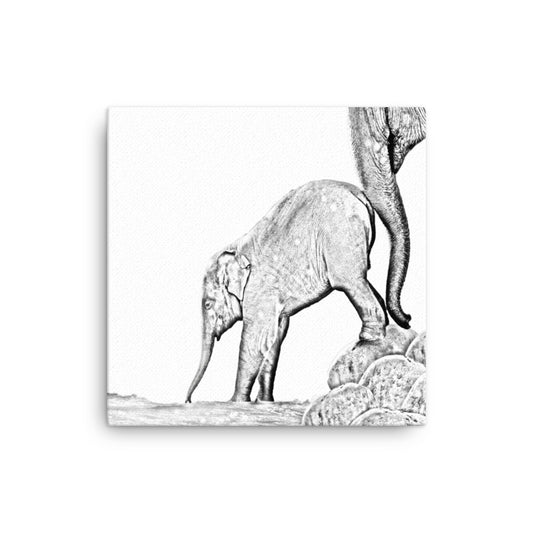 Black and white image of mother and baby elephant on a white canvas.  