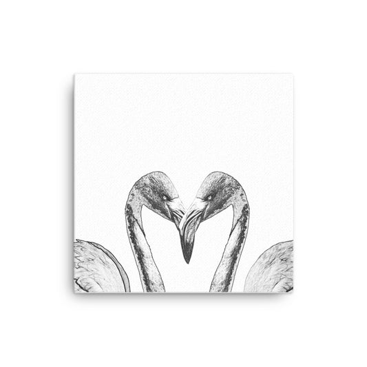 Black and white image of an American flamingo on a white canvas.  