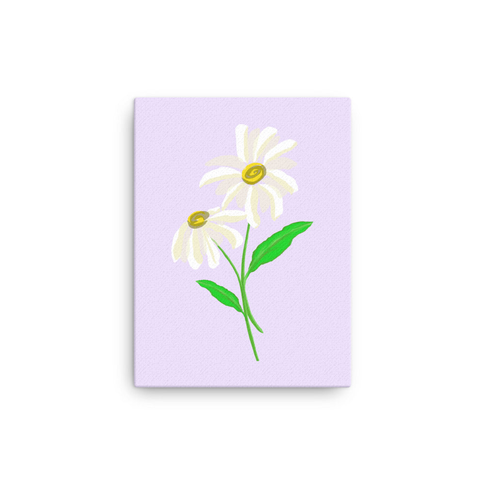 Artwork of daisy with a lavender purple colored background on a canvas.  
