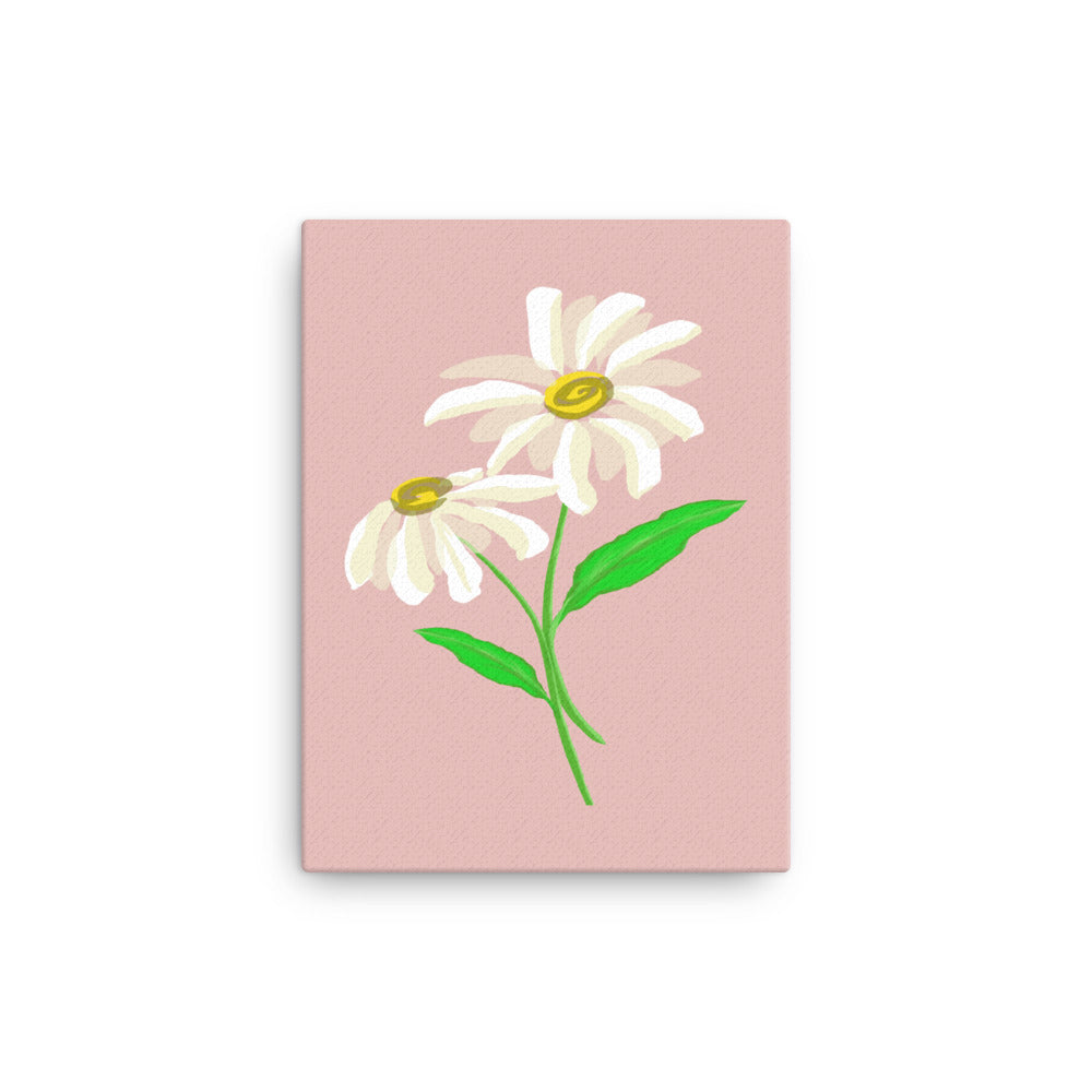 Artwork of daisy with rose-colored background on a canvas.  