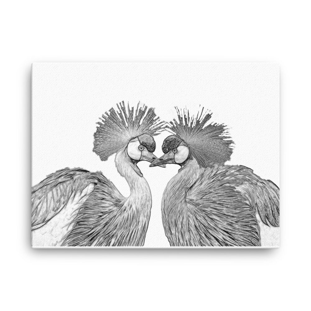 Black and white image of a grey crowned cranes on a white canvas.  