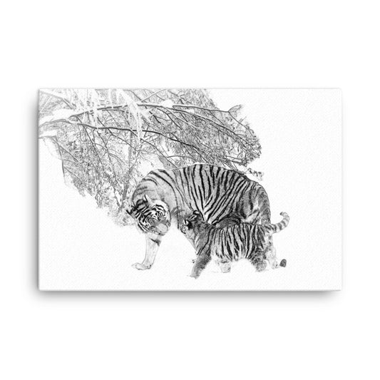 Black and white image of a two tigers walking in snowy scene s on a white canvas.  