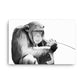 Black and white image of a chimpanzee on a white canvas.  