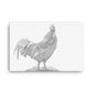 Black and white image of a rooster on a white canvas.  