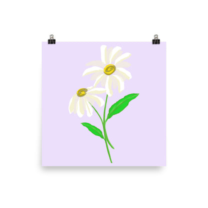 Artwork of daisy with a lavender purple colored background on a poster.  