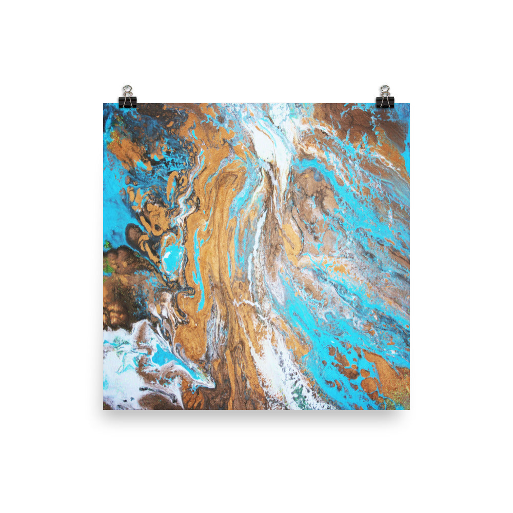 Abstract artwork in copper, turquoise blue, and white on a poster. 