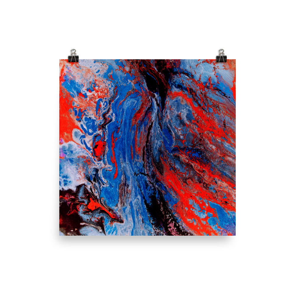 Abstract artwork in red, blue, and white on a poster.  