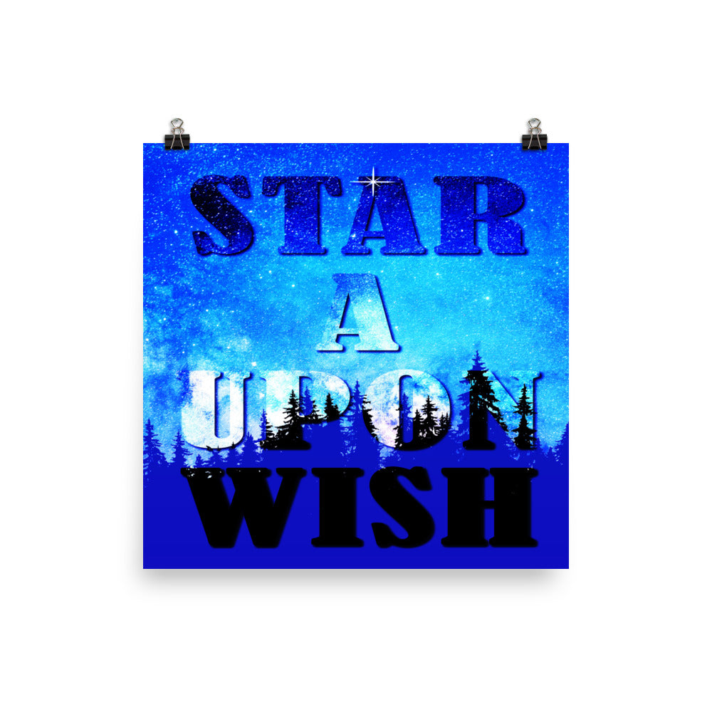 A forest with stars above with the words wish upon a star on a poster.  