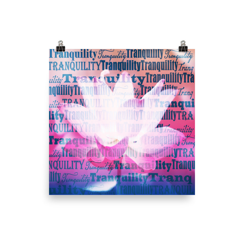 A pale lotus image with the word tranquility repeated in a gradient from peach to pink to dark blue on a poster.  