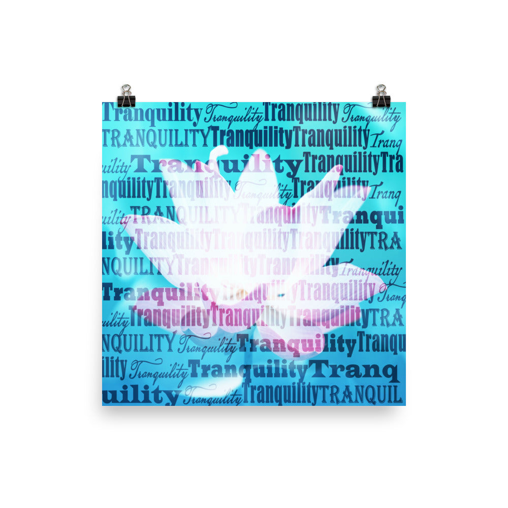 A pale lotus image with the word tranquility repeated in blue on a poster.  
