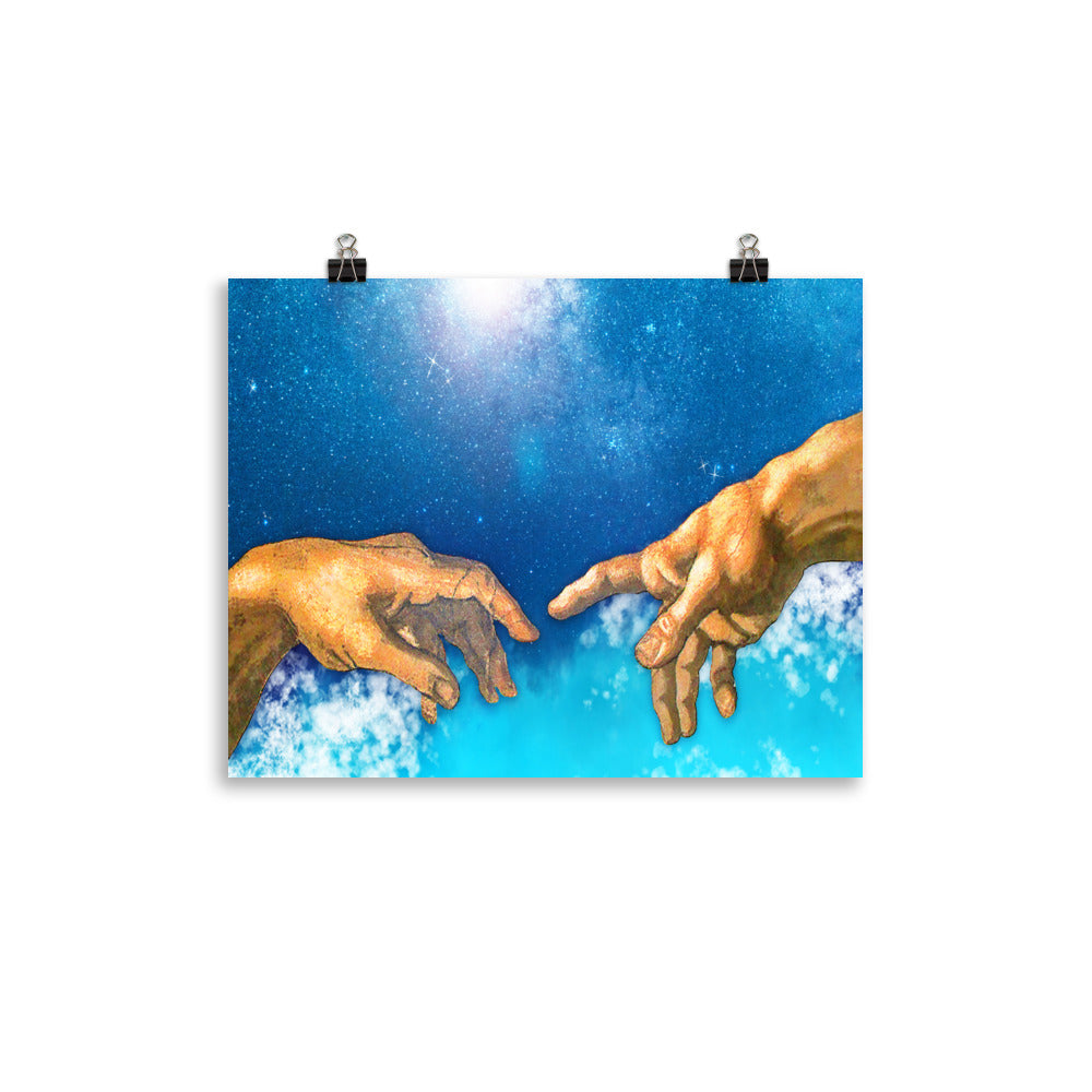 Image of hands reaching toward each other with blue background and stars on a white poster.  