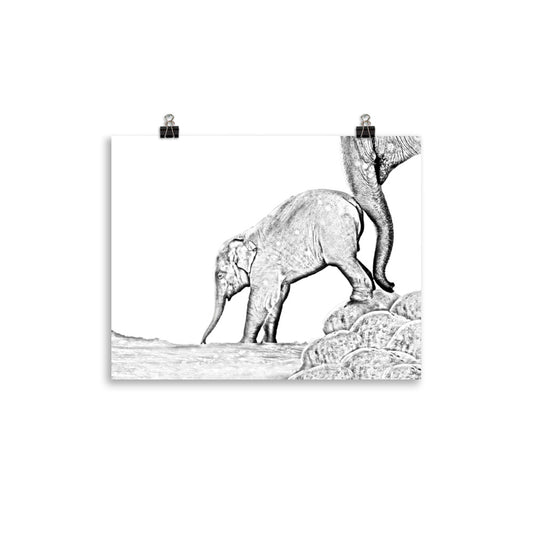 Black and white image of mother and baby elephant on a white poster.  