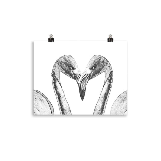 Black and white image of an American flamingo on a white poster.  
