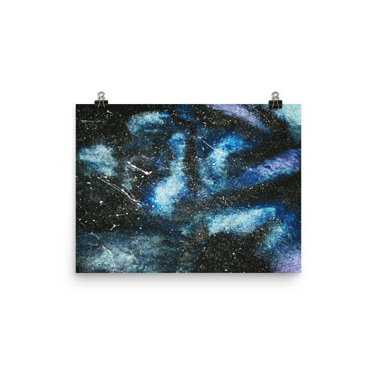 Abstract space artwork on poster. 