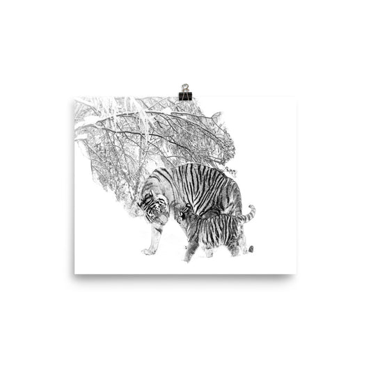 Black and white image of a two tigers walking in snowy scene s on a white poster.  