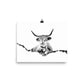 Black and white image of a highland cow on a white poster.  